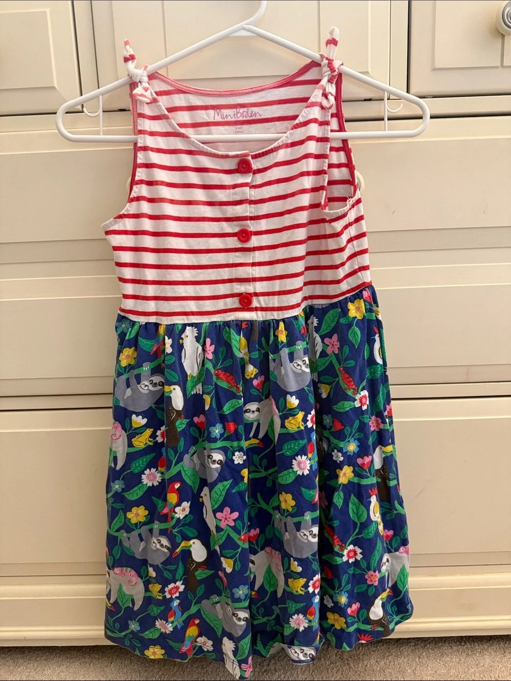 Mini Boden Red & Navy Tropical Sloth Print Girls' Dress